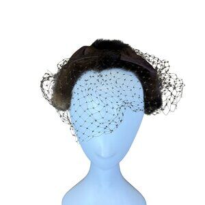 Brown Women’s Mink Fur Cocktail Hat With Bow & Net Veil Vintage Elegant Style
